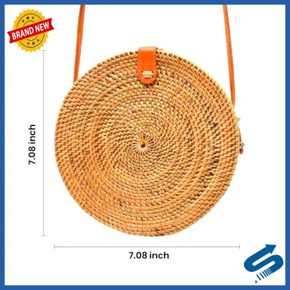 Round Rattan Crossbody Bag Handwoven Wicker Purse Summer Boho Chic